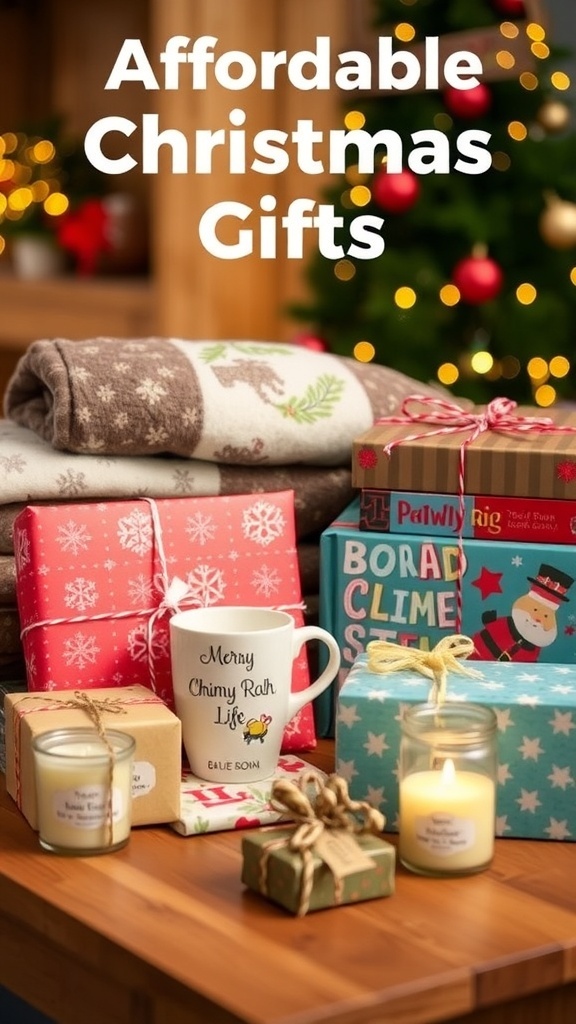 A collection of affordable Christmas gifts including a blanket, mug, board game, and candles on a wooden table with fairy lights.